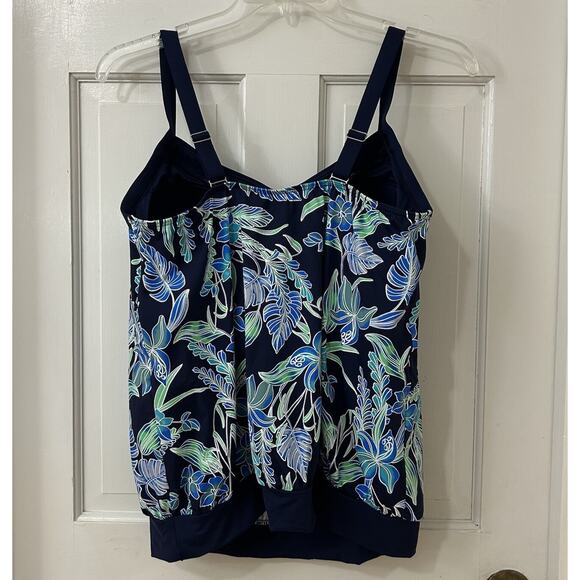 Lands' End Blouson Tummy Hiding Tankini Top Adjustable Navy Blue Floral Size 16D - Picture 2 of 4